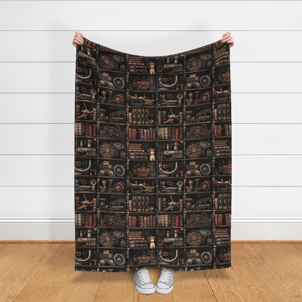 Steampunk Vintage Bookcase Gears Pipes and Antique Treasures Fabric industrial charm fabric