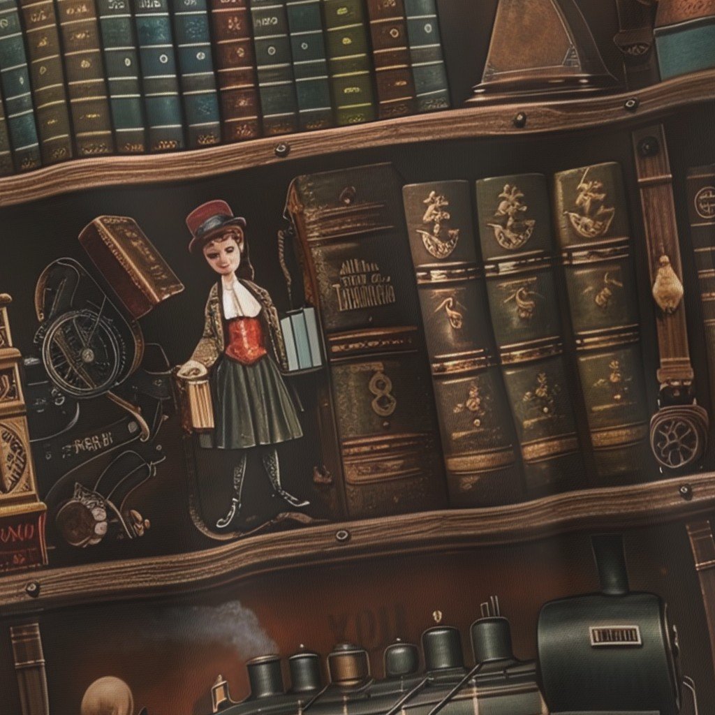 Vintage Steampunk Bookcase with Antique Trains and Books Fabric scientific instrumen fabric