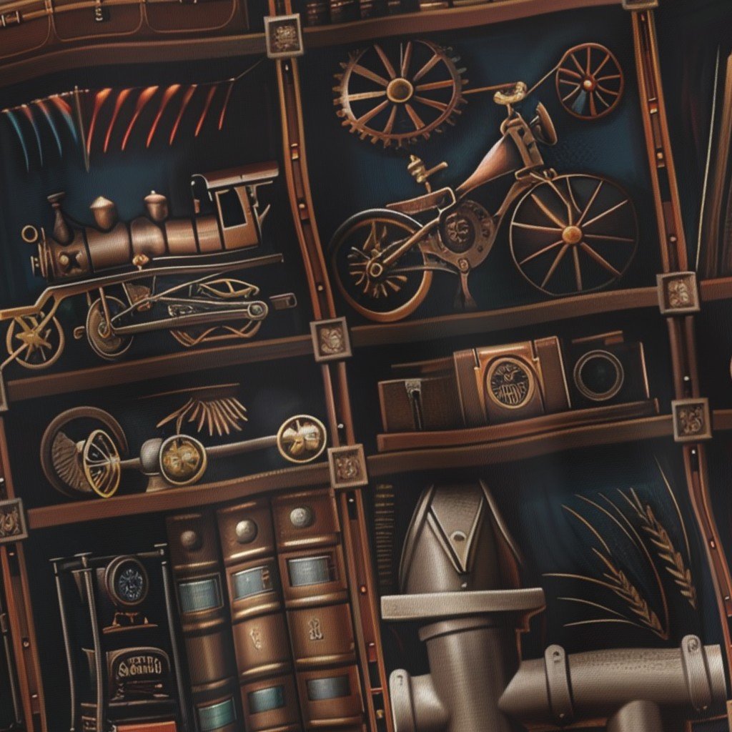 Vintage Steampunk Bookcase with Intricate Mechanical Wonders Fabric bookcase fabric
