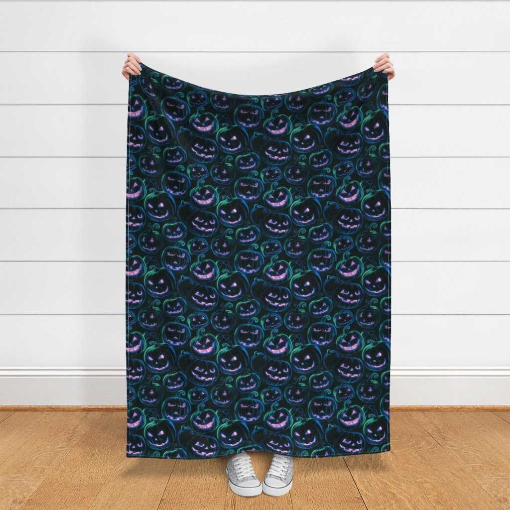 Neon Blue and Pink Halloween Pumpkins Glowing in the Dark Fabric neon blue fabric