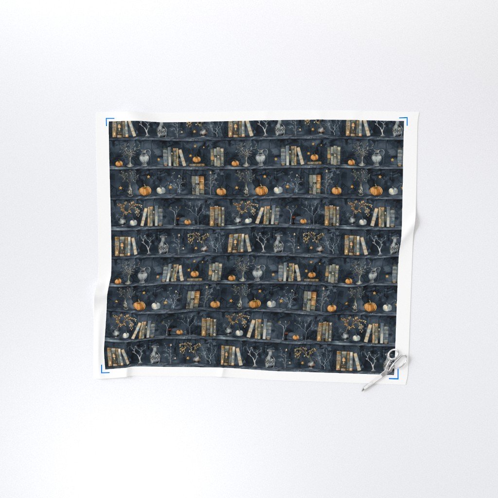 Dark Blue Halloween Pumpkins and Vases on Vintage Bookcase Fabric bookcase fabric