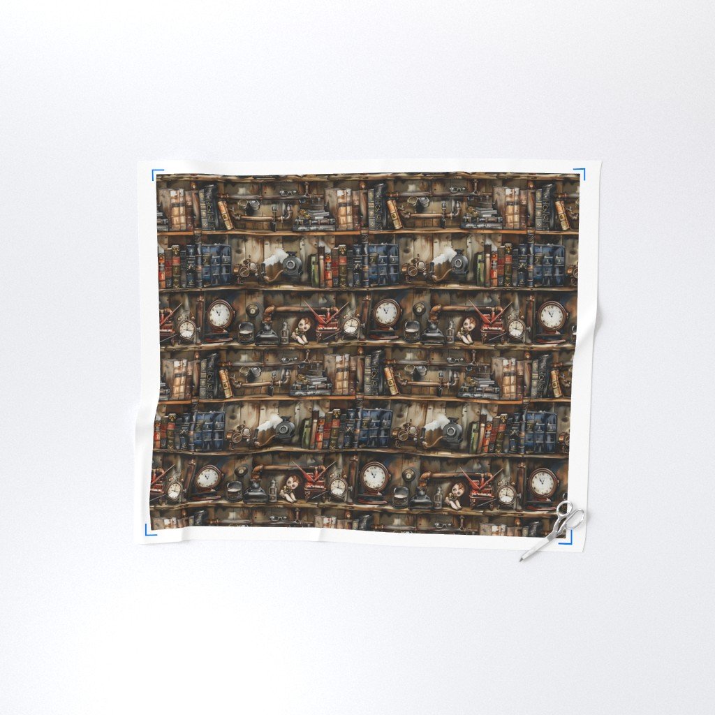 Vintage Steampunk Bookcase with Pipes Hoses and Gears in Watercolor Fabric books fabric