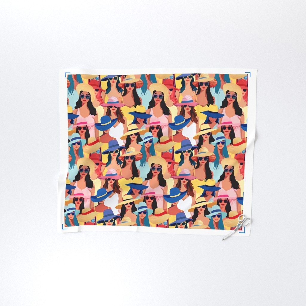 Women at the Beach in Summer in Sunhats and Suits Large Scale Bright Fabric girls at the beach fabric