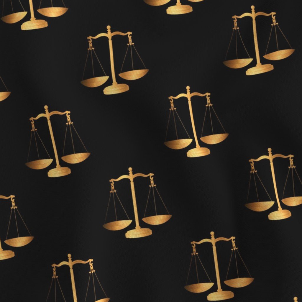 Yellow Gold Scales Of Justice on Black Repeat Fabric decor fabric