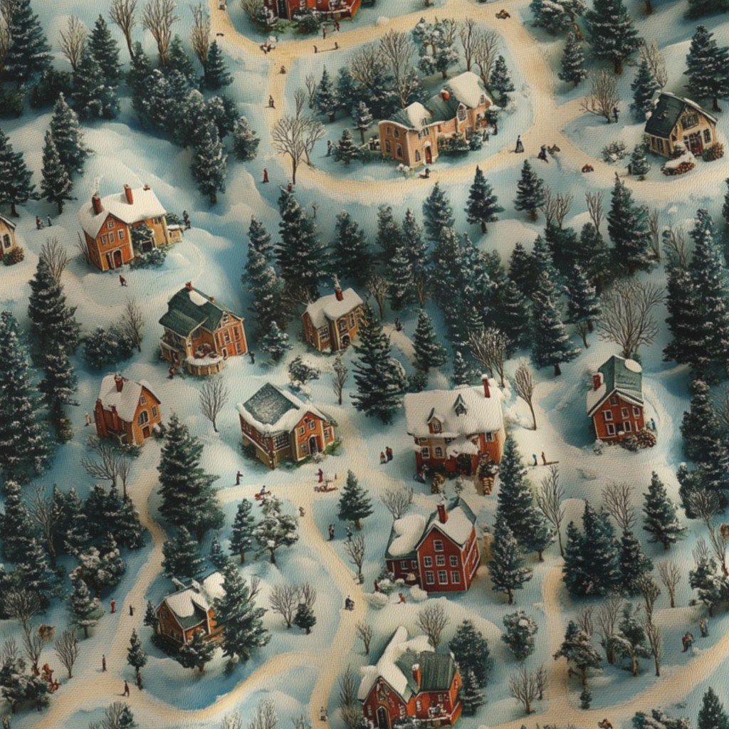 Whimsical Watercolor Christmas Village Fabric frosty trees fabric