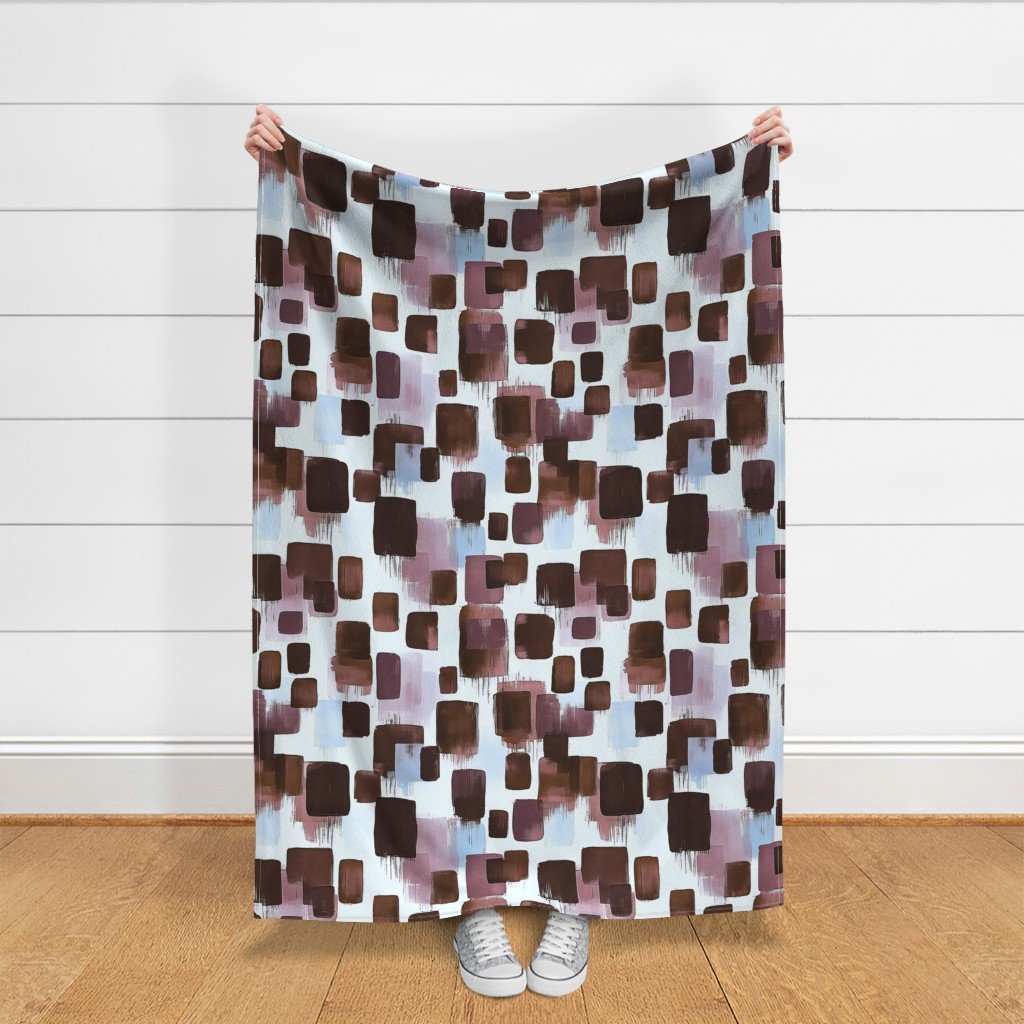 Large Abstract Brushstroke Blocks in Brown Rosewood and Sky Blue Fabric abstract fabric