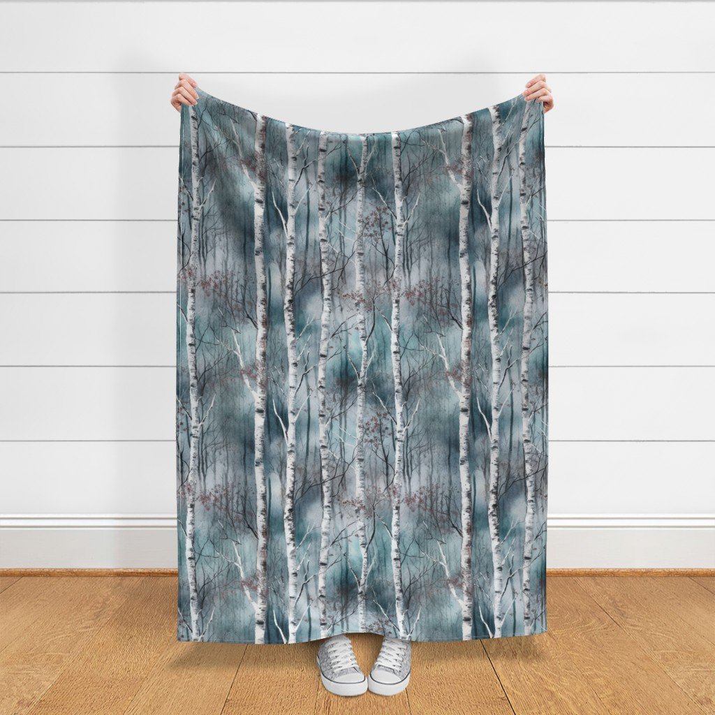 Endless Silver Birch Tree Dreamscape in Misty Teal and Soft Red Fabric dreamscape fabric