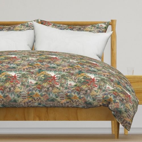Small Japanese Water Garden Watercolor with Temples Home Styling Collection Design Collection red trees duvet cover design