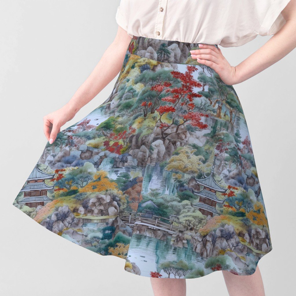 Japanese Autumn Water Garden Watercolor with Temples in Soft Blue and Fabric autumn fabric