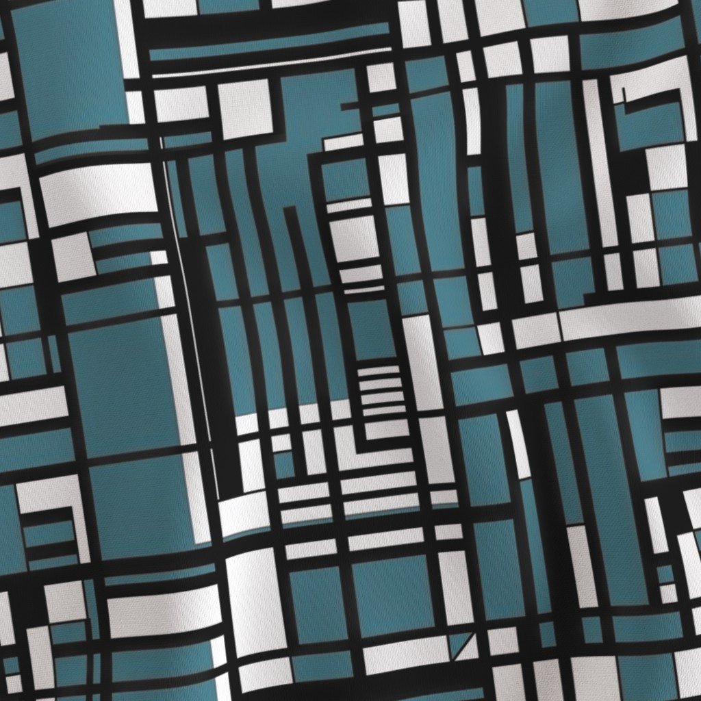 Dusty Teal Modernist City Blocks Geometric Pattern Fabric black and white fabric