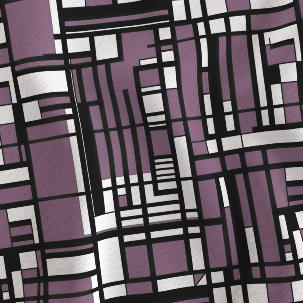 Mauve Modernist City Blocks Geometric Pattern Fabric black and white fabric