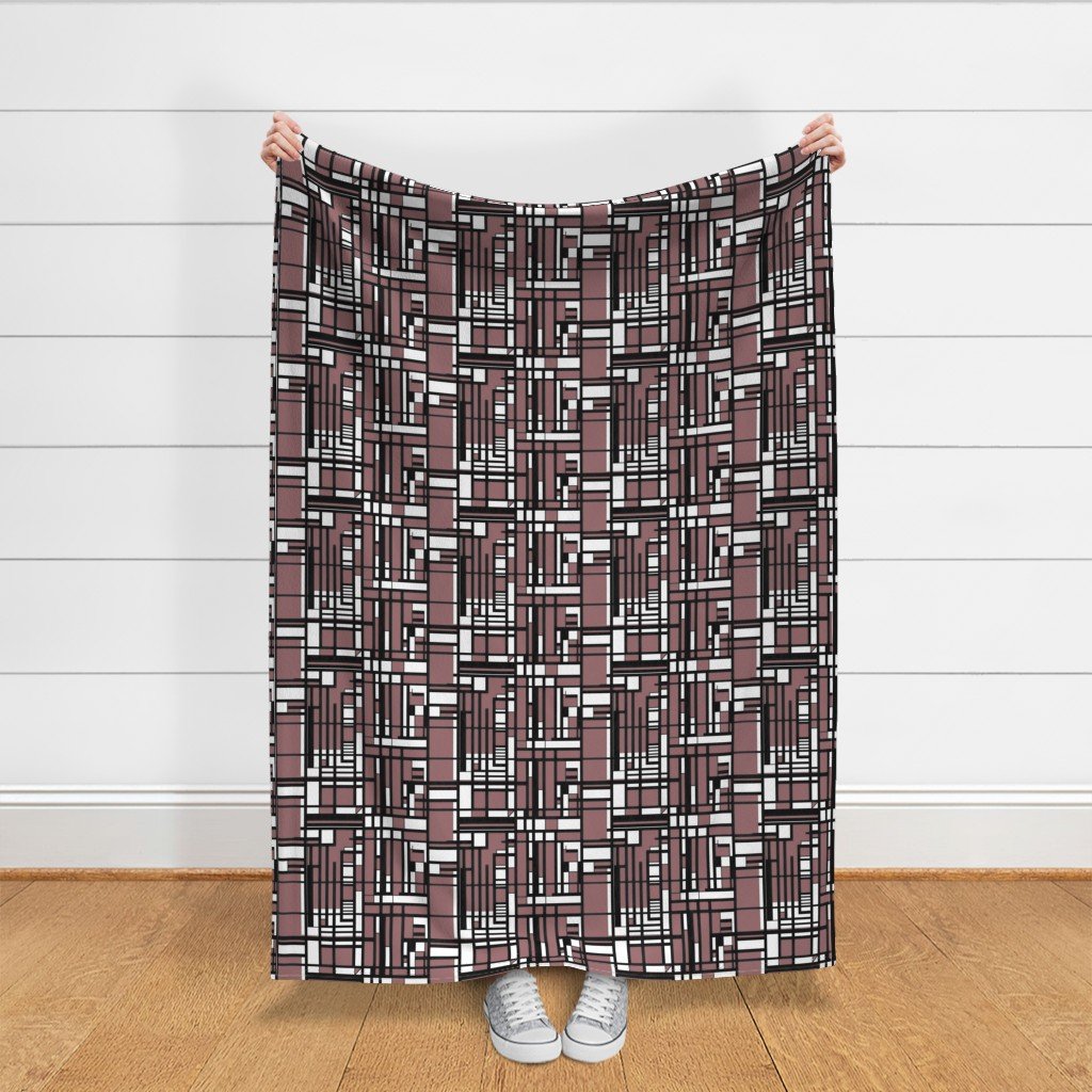 Dusty Rose Modernist City Blocks Geometric Pattern Fabric black and white fabric