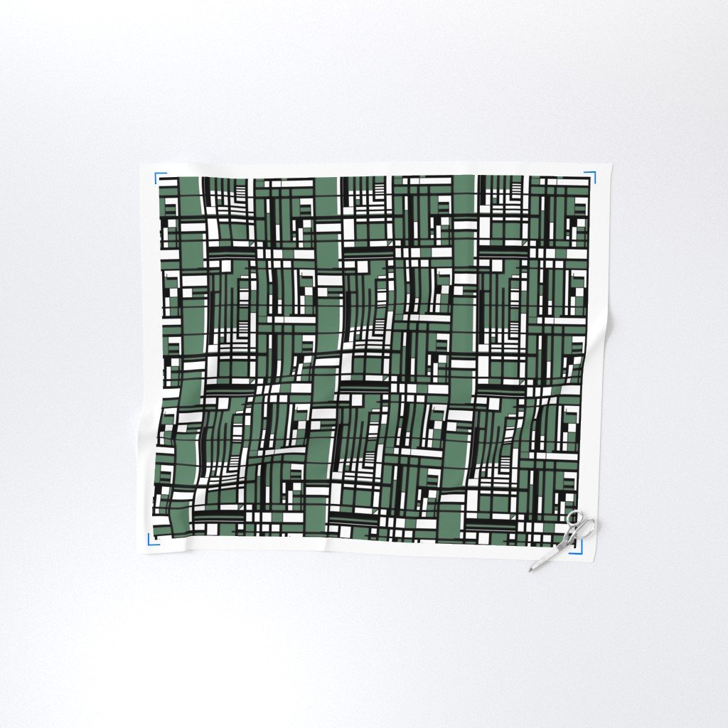 Eucalyptus Green Modernist City Blocks Geometric Pattern Fabric black and white fabric