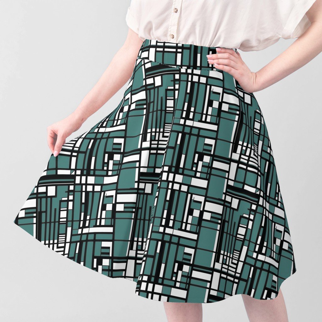 Dusty Teal Modernist City Blocks Geometric Pattern Fabric black and white fabric