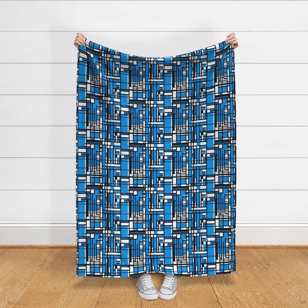 Cyan Blue Modernist City Blocks Geometric Pattern Fabric black and white fabric