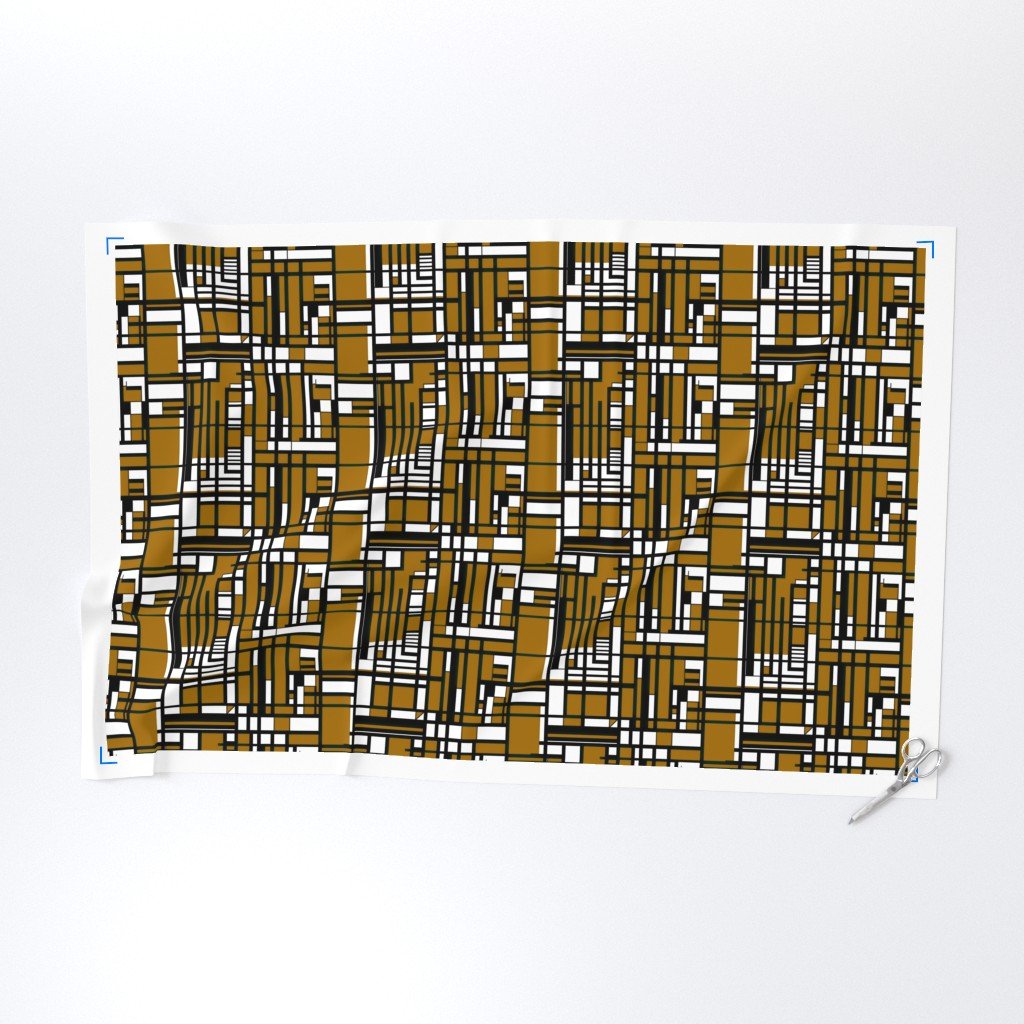 Mustard Gold Modernist City Blocks Geometric Pattern Fabric black and white fabric