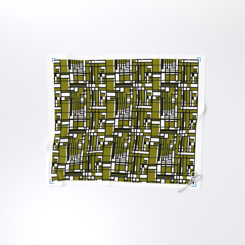 Olive Green Modernist City Blocks Geometric Pattern Fabric black and white fabric