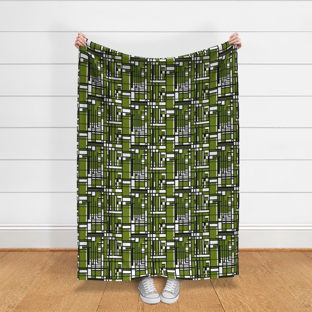 Moss Green Modernist City Blocks Geometric Pattern Fabric black and white fabric