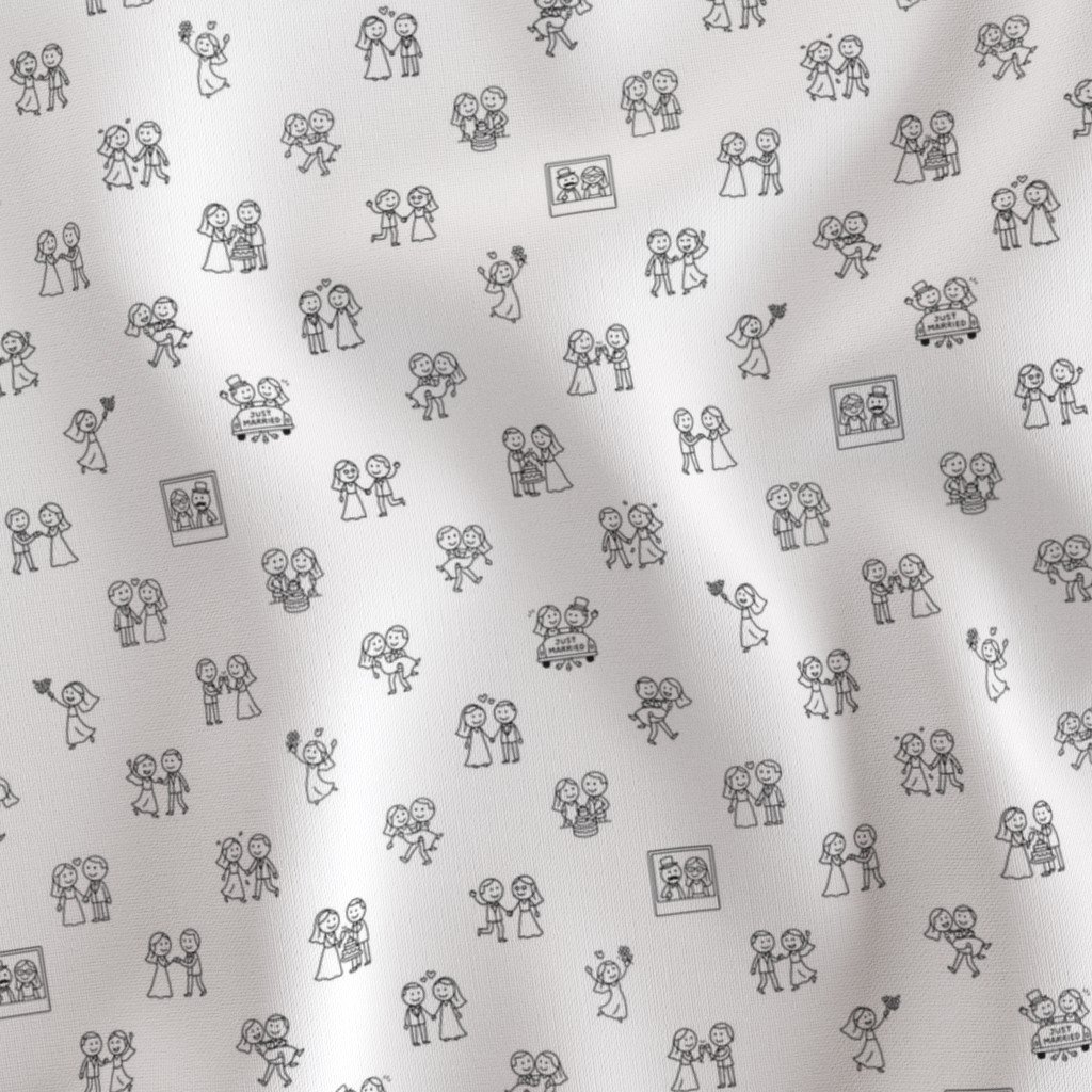 Just Married Fun Stick Figure Wedding Pattern in Black on White Fabric bride and groom fabric