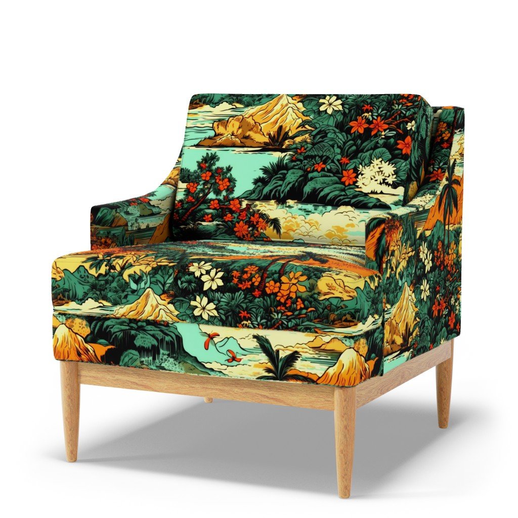 Vintage Hawaiian Tropical Floral Landscape in Bright Volcano Sunset Fabric hawaiian fabric