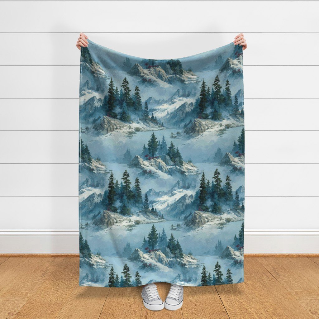 Olympic National Park Winter Christmas Watercolor Landscape Fabric coastline fabric