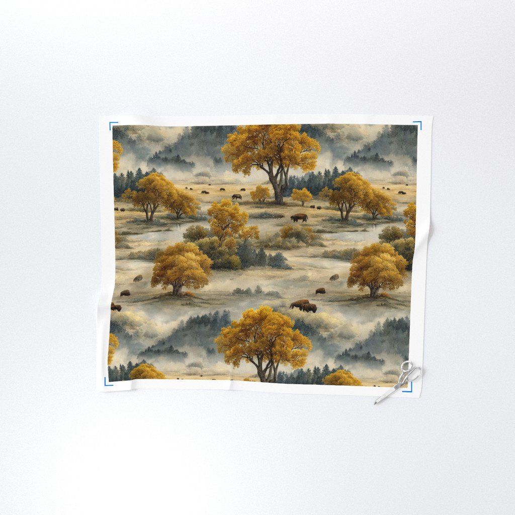 Yellowstone National Park Autumn Watercolor Bison Landscape Fabric cottonwoods fabric