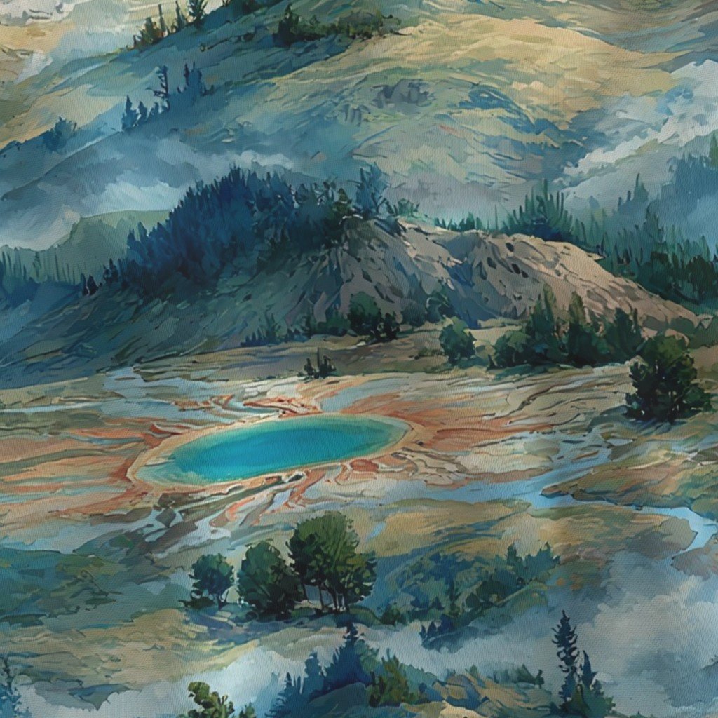 Yellowstone National Park Summer Watercolor Hot Spring Landscape Fabric hot spring fabric