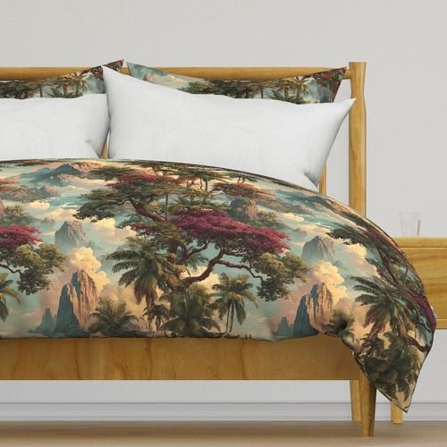 Vintage Hawaiian Watercolor Landscape with Misty Mountains and Palms Decor Collection Home Styling Collection flowers duvet cover design