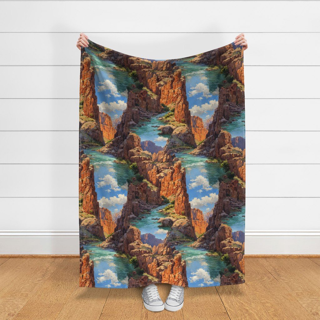 Summer Sun Over the Grand Canyon Watercolor Landscape Fabric warm tone fabric