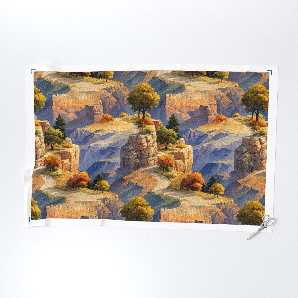 Autumn Glow Over the Grand Canyon Watercolor Landscape Fabric amber fabric