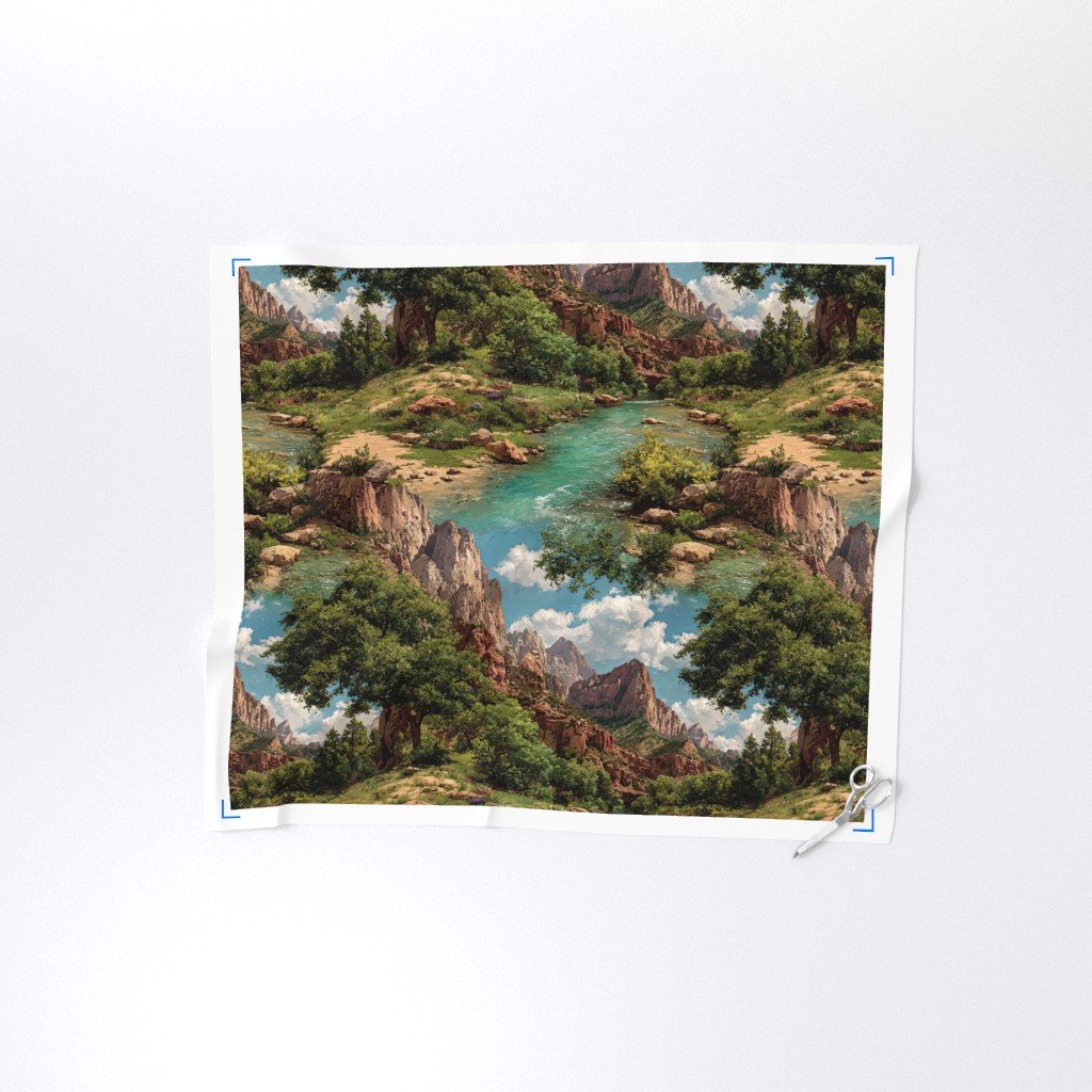 Spring Panorama of Zion Canyon Watercolor Landscape Fabric cliffs fabric
