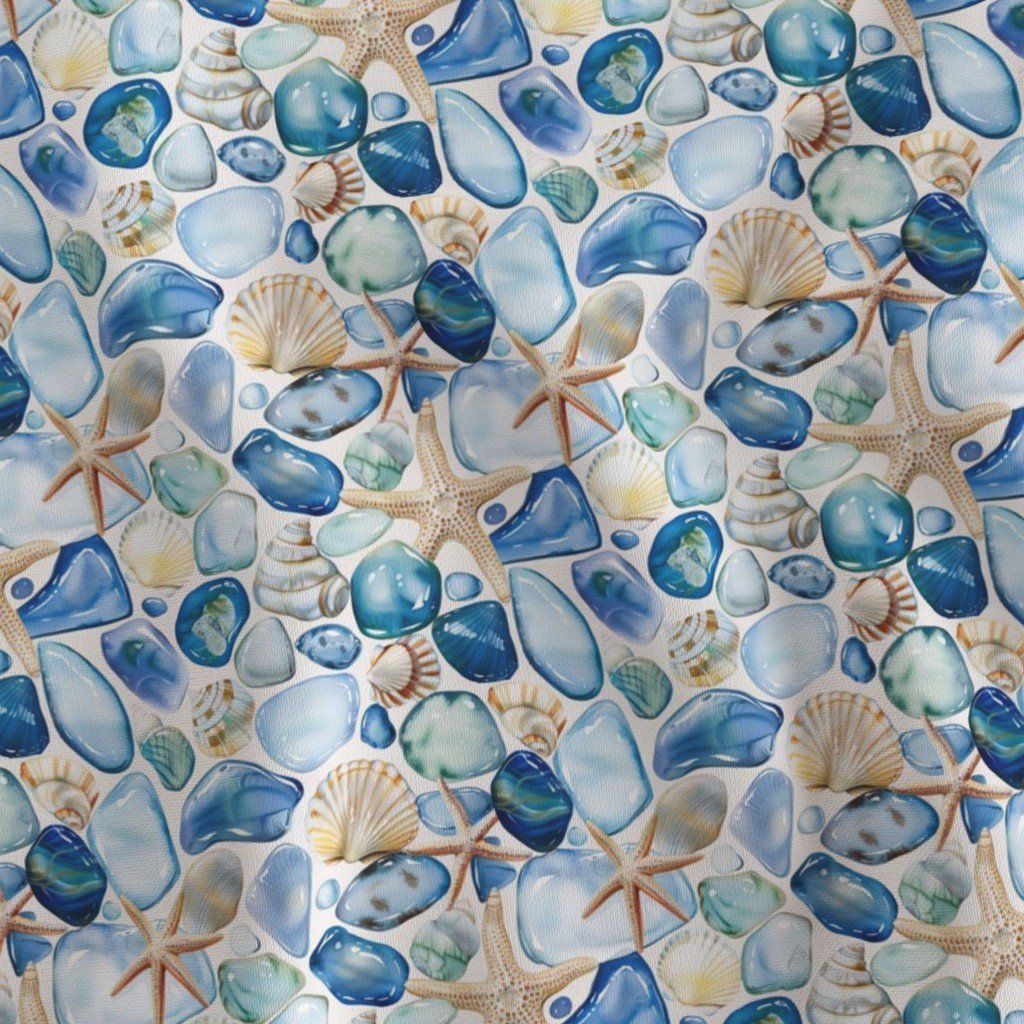 Watercolor Sea Glass Shells and Starfish Coastal Pattern in Ocean Fabric sea glass fabric