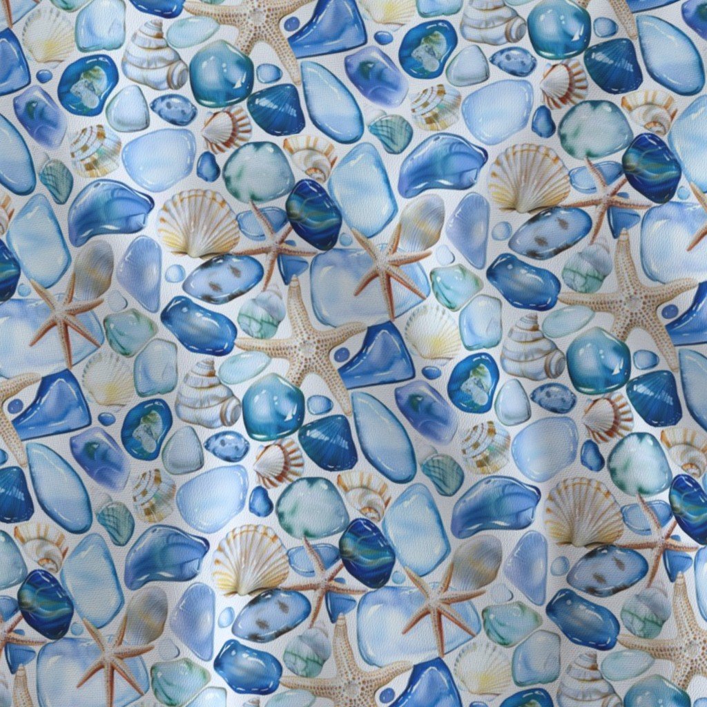 Watercolor Sea Glass Shells and Starfish Coastal Pattern in Seafoam Fabric beach fabric