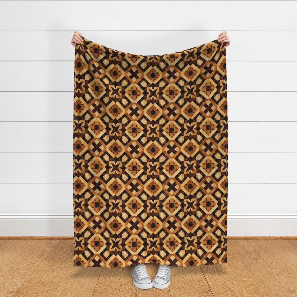 Geometric Marquetry Wood Inlay Pattern in Warm Natural Tones Fabric wood inlay fabric