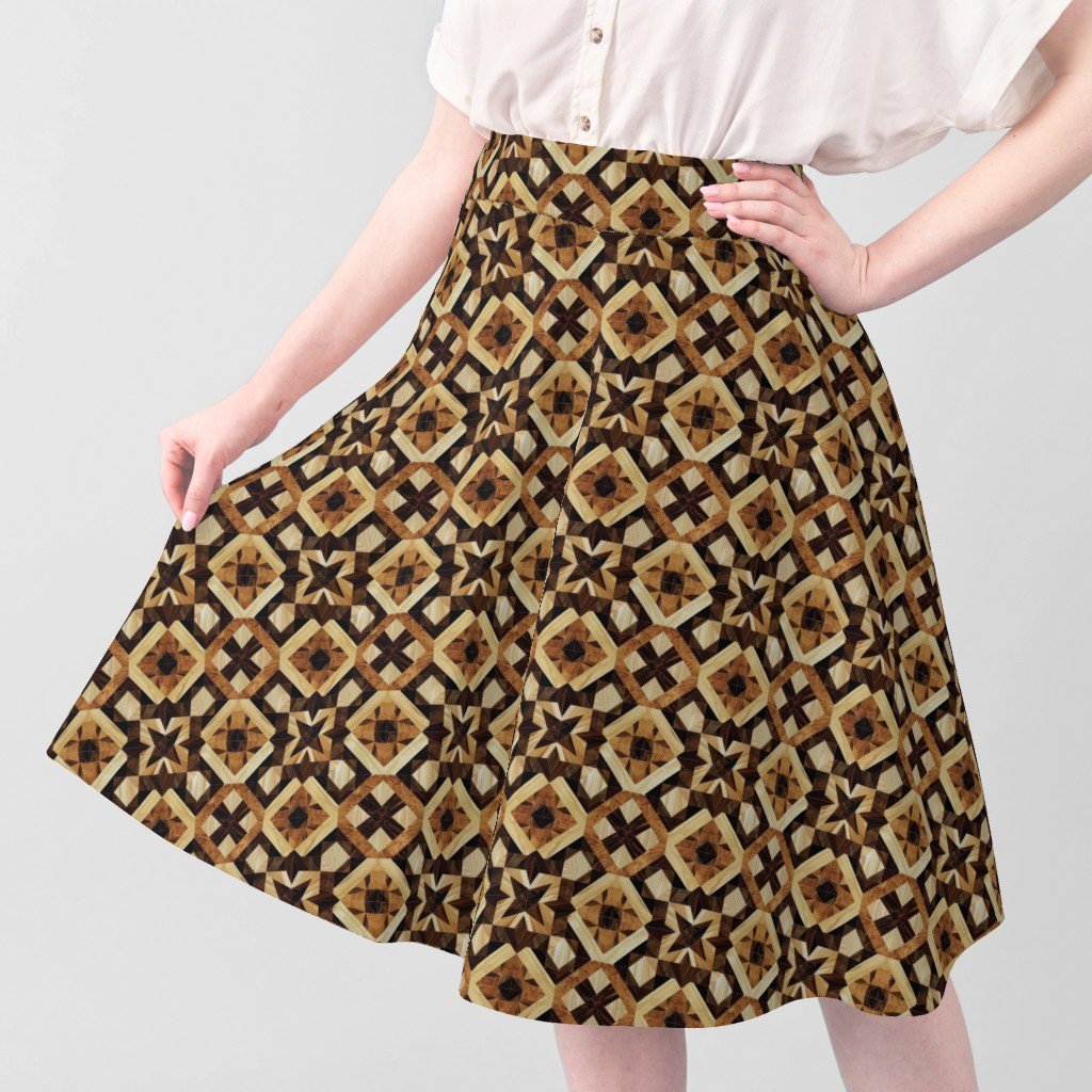 Small Geometric Marquetry Wood Inlay Pattern in Rich Dark Wood Tones Fabric wood inlay fabric
