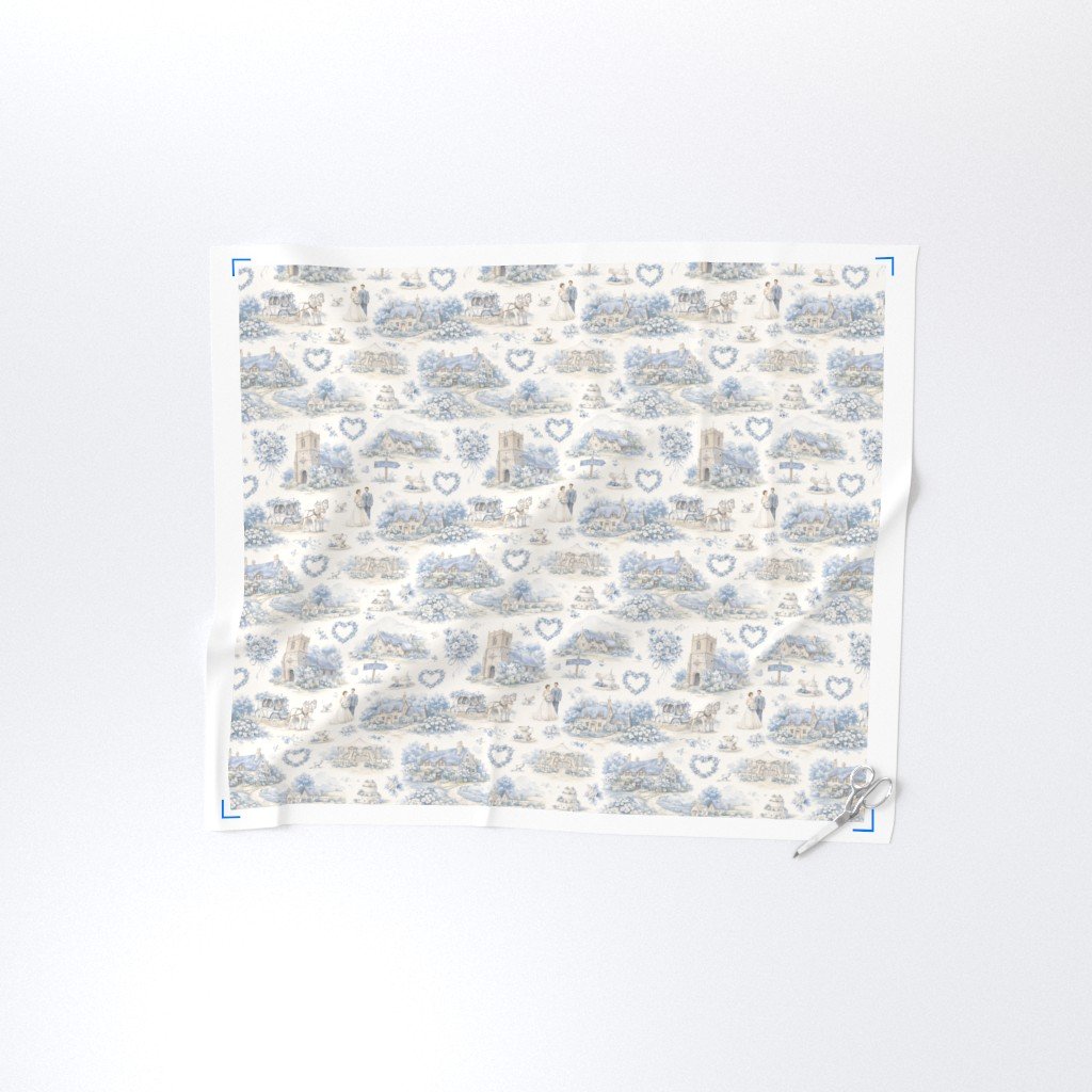 Blue English Village Wedding Toile Watercolor Pattern Fabric country wedding fabric
