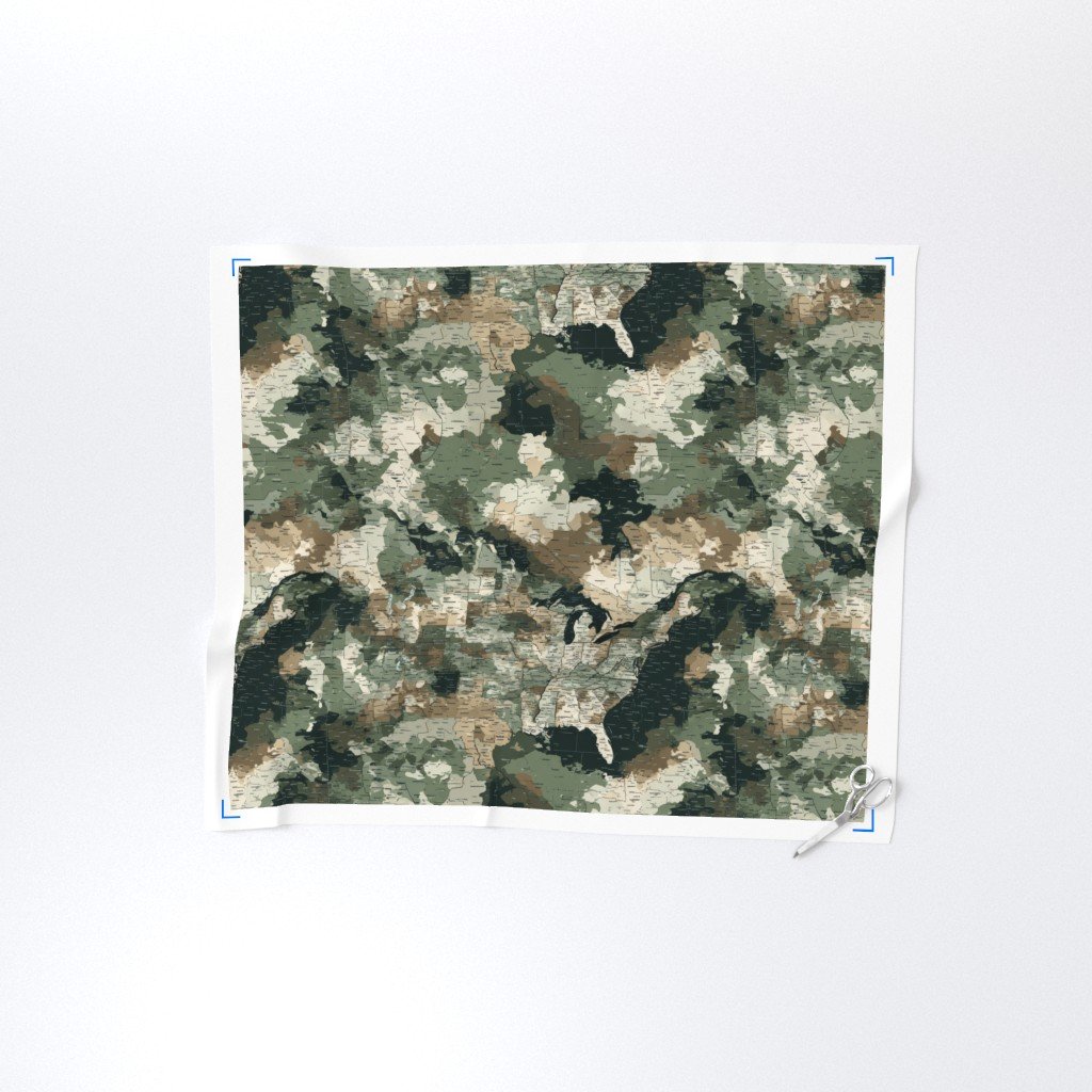 USA State Outline Camouflage Map Design in Earth Tone Green and Sand Fabric bold fabric