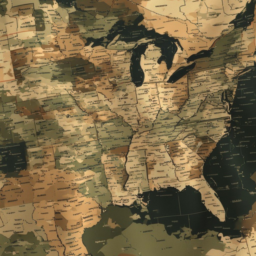 USA State Outline Camouflage in Sand and Deep Forest Fabric independence day fabric