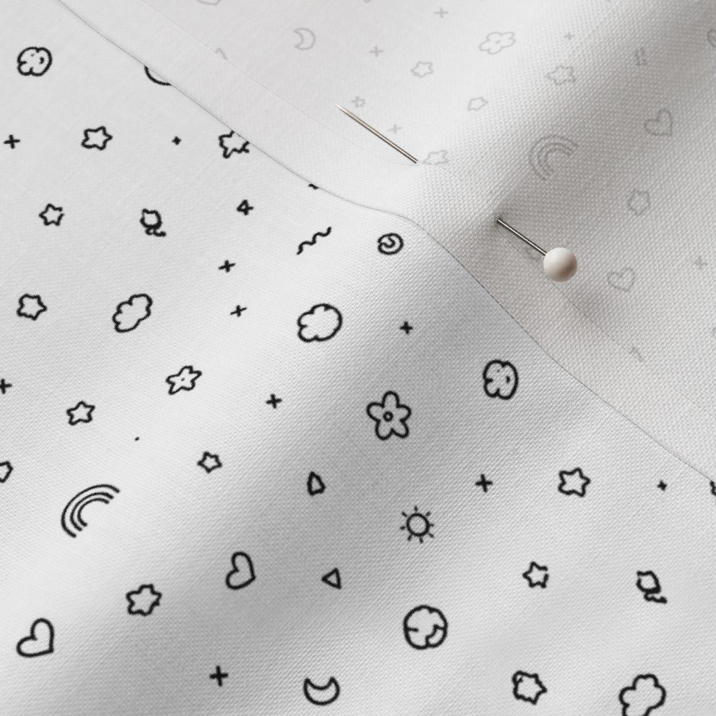 Minimal Black and White Doodle Pattern with Hearts Stars Clouds Smiles Fabric smiley faces fabric
