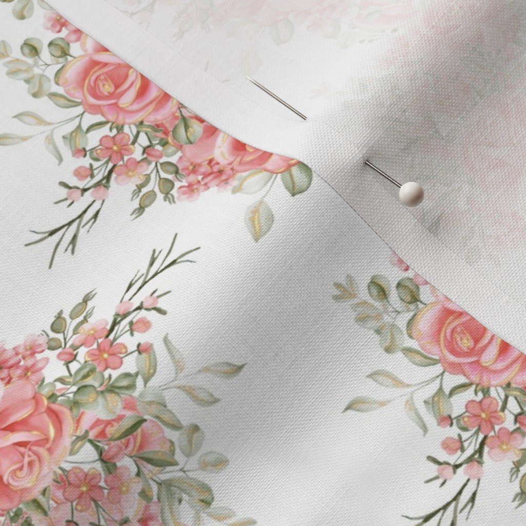 Vintage English Garden Small Coral Pink Rose Stripe Pattern on White Fabric bridal fabric