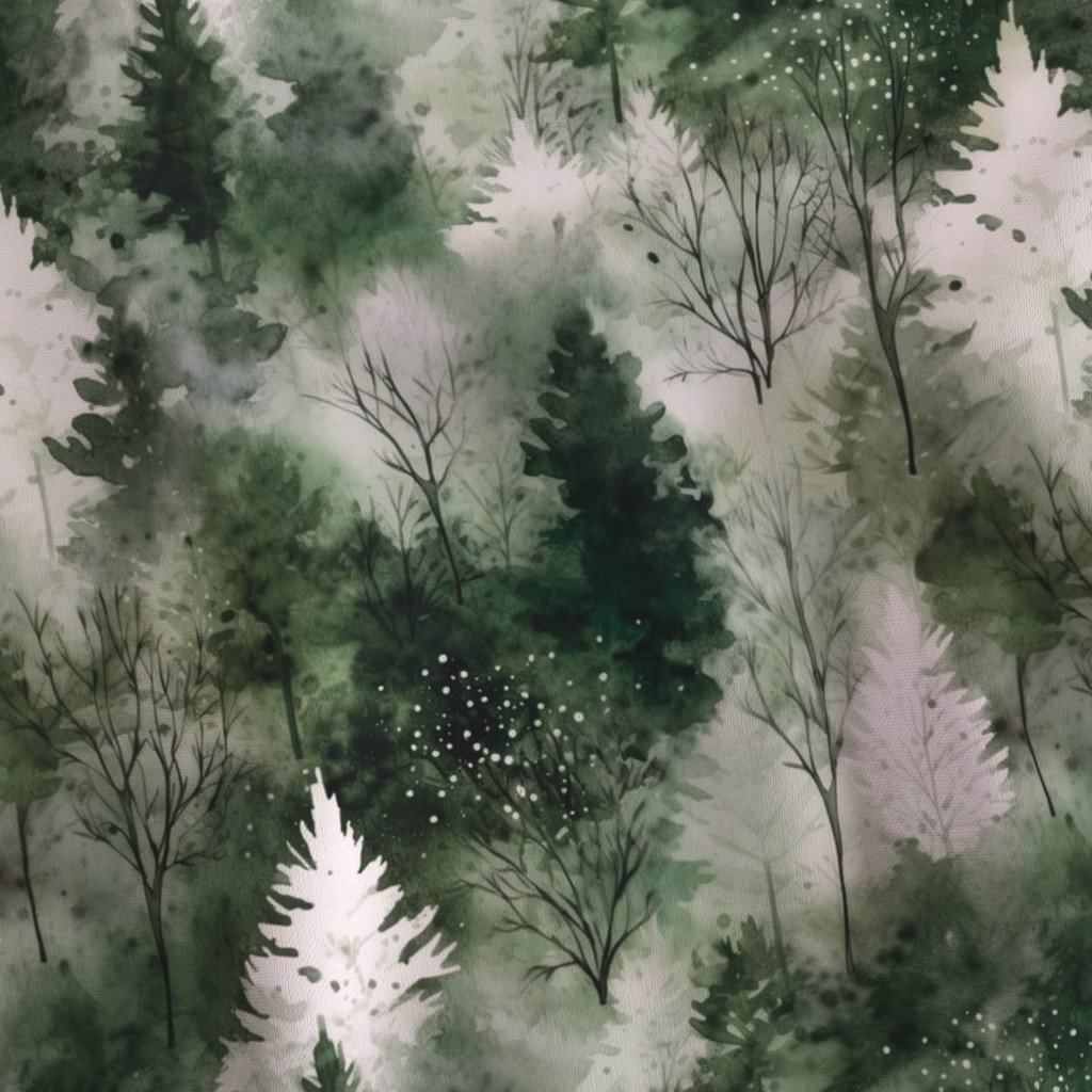 Small Endless Winter Tree Dreamscape Trees in Deep Green Misty Forest F Fabric earth tone fabric