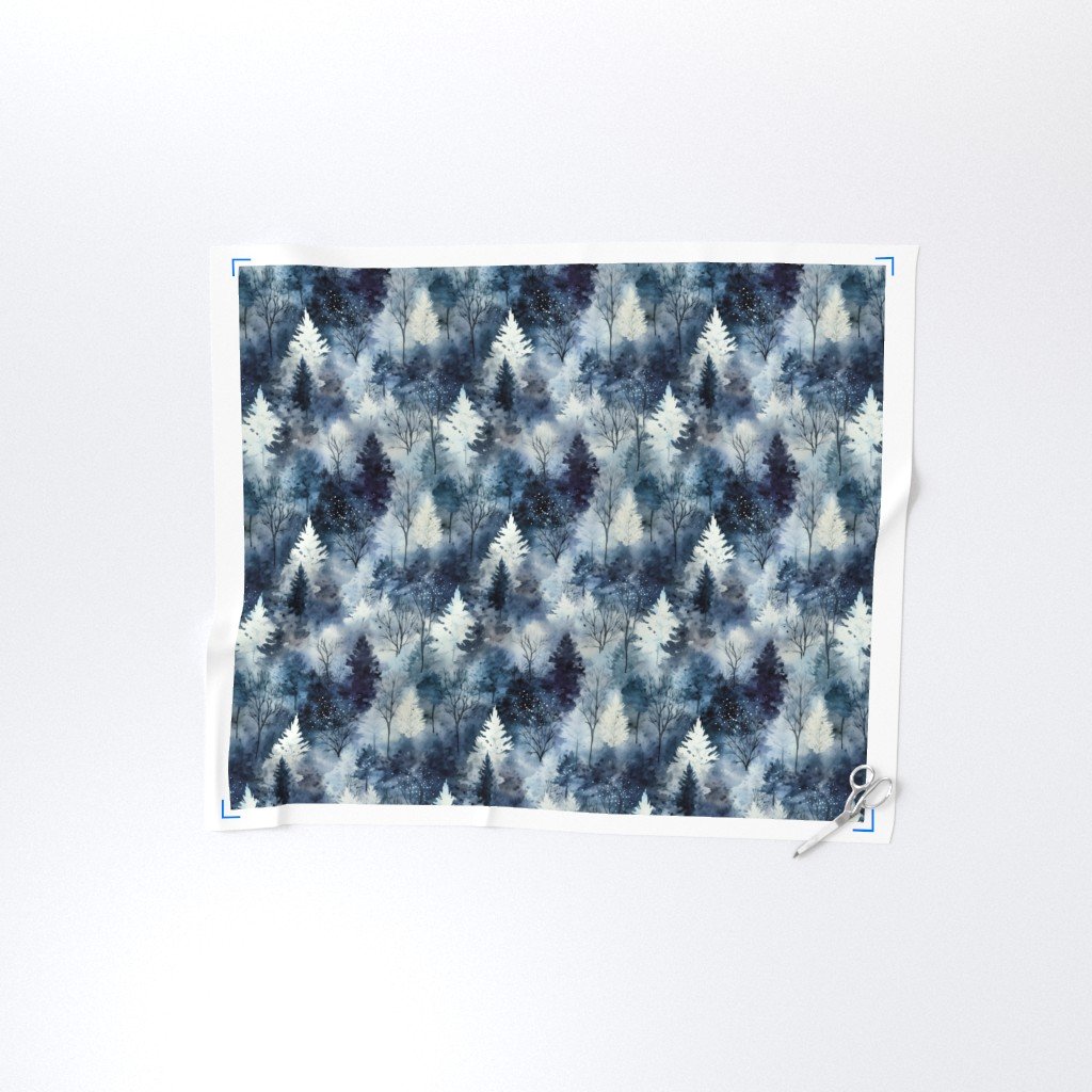Small Endless Winter Tree Dreamscape Trees in Deep Blue Misty Forest Fabric abstract fabric