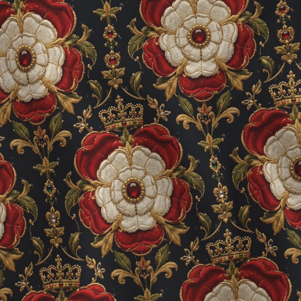 Large Royal Tudor Rose Crown Damask on Midnight Black Fabric large scale fabric