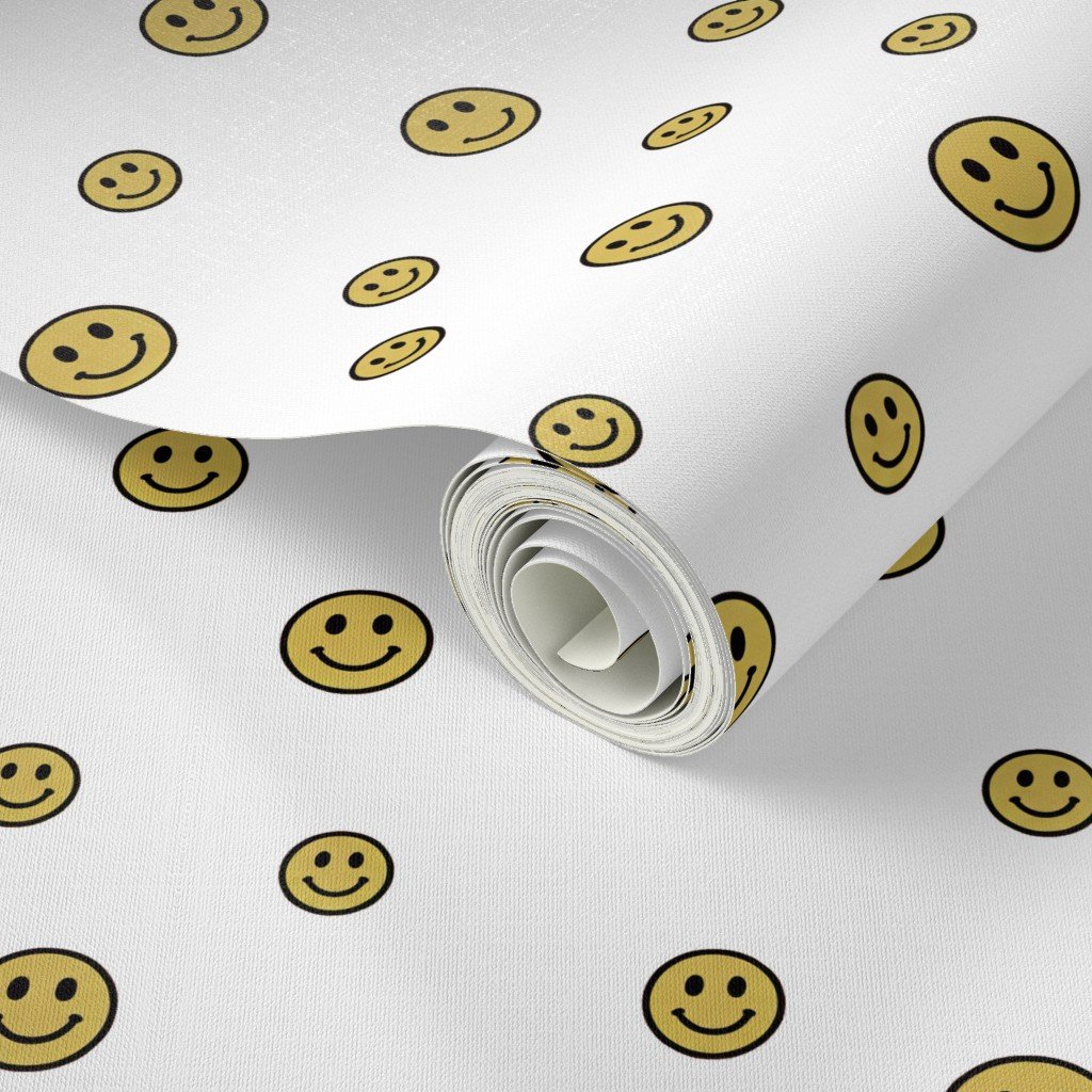 Retro Yellow Smiley Faces on White Wallpaper dopamine decor wallpaper