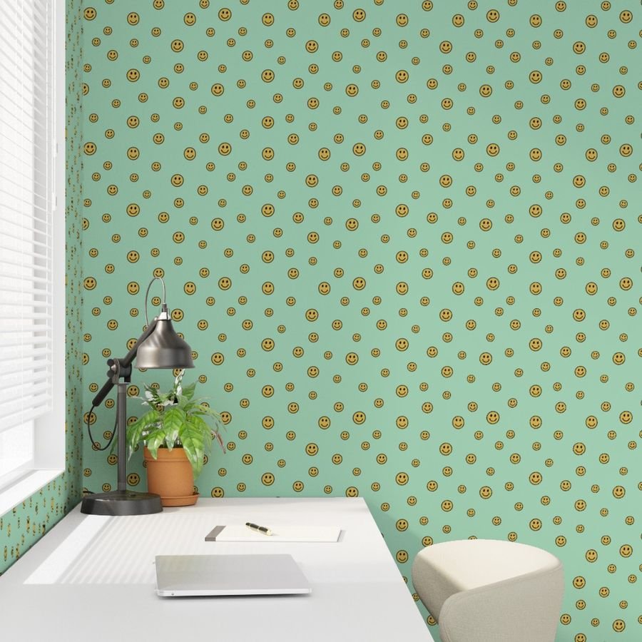 Retro Yellow Smiley Faces on Mint Green Wallpaper happy faces wallpaper