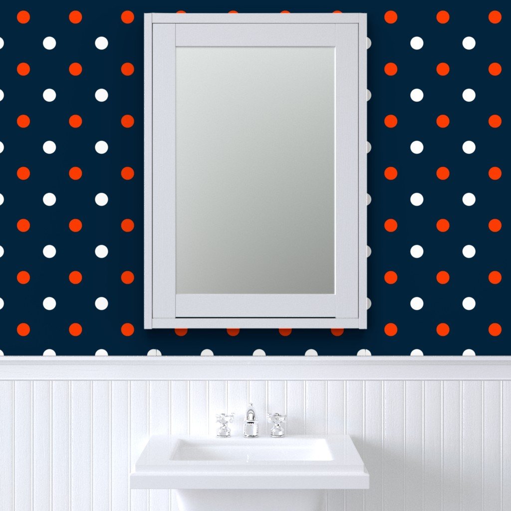 White and Orange Polka Dots on Navy Wallpaper mini polka dots wallpaper