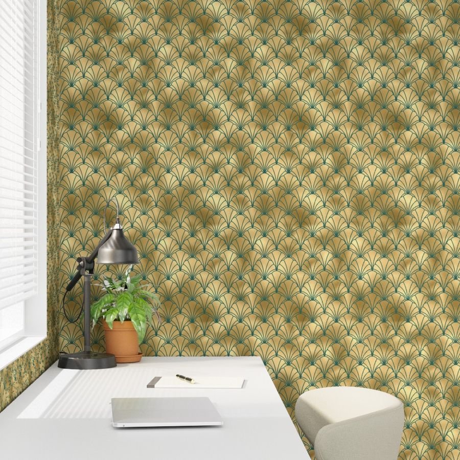 Teal and Faux Gold Foil Vintage Art Deco Scallop Shell Pattern Wallpaper art deco pattern wallpaper