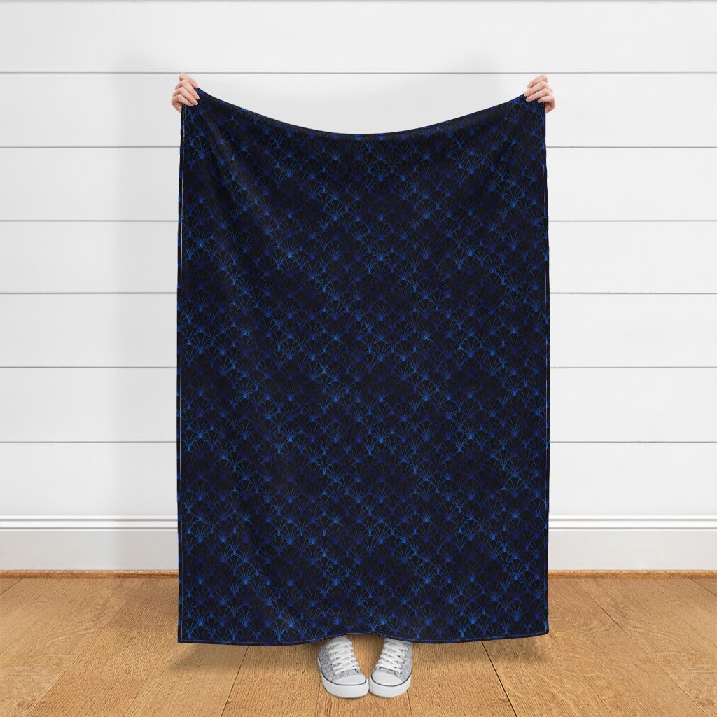 Scallop Shells in Black and Classic Blue Art Deco Vintage Faux Foil Fabric blue foil fabric