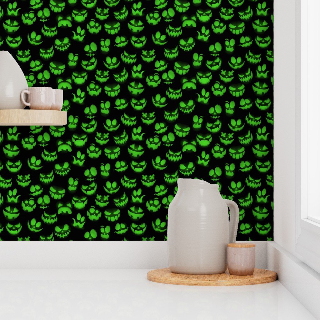Mini Grinning Halloween Jack o Lantern Faces in Neon Green on Black Design Collection Interior Collection jack o lanterns wallpaper