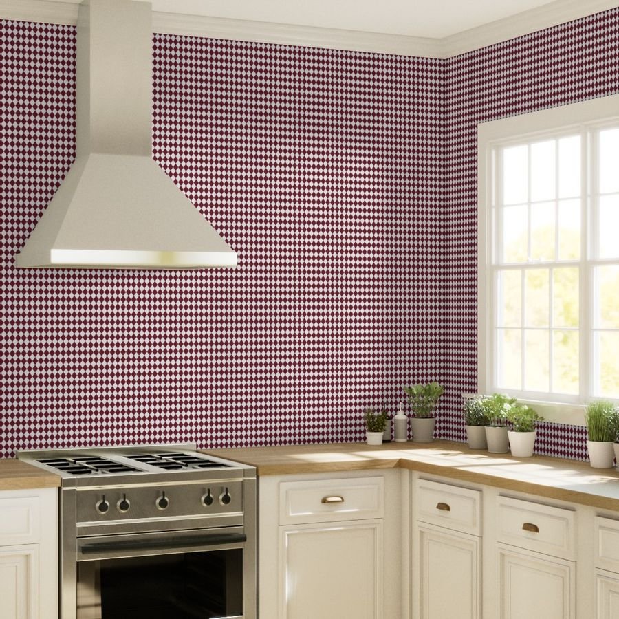 Small Wine and White Diamond Harlequin Check Pattern Wallpaper diamond patterned wallpaper
